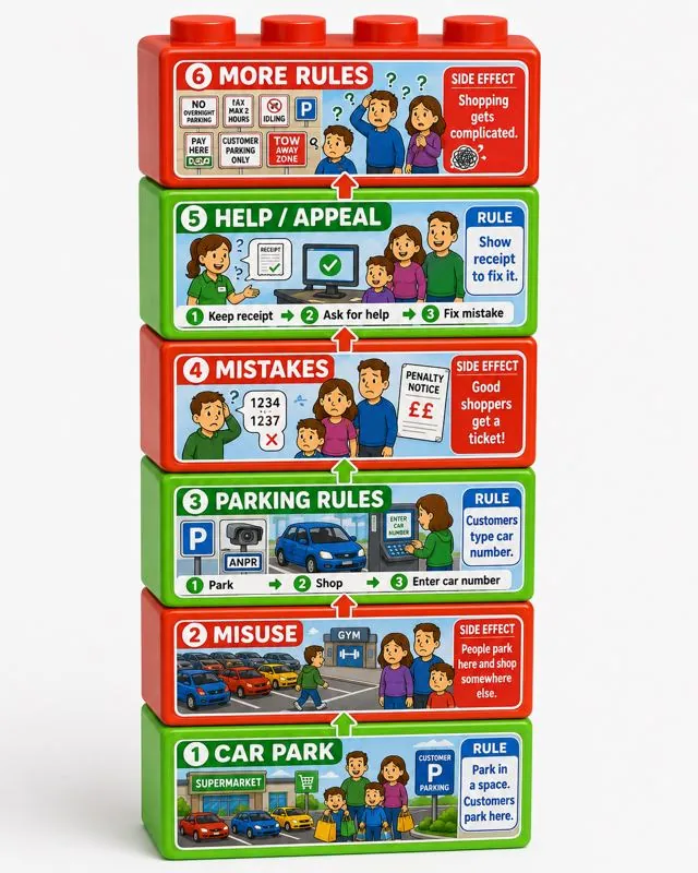 A stack of problem and solution bricks: car park, misuse, parking rules, mistakes, help and appeal, more rules.