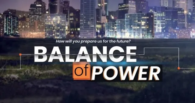 Balance of Power title over a city skyline at night, with the question: How will you prepare us for the future?