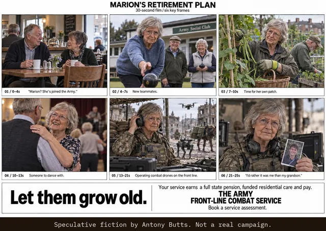 Storyboard for a 30-second design-fiction film, “Marion’s retirement plan”, in six frames: gossip in a café, bowls with new teammates, her allotment, a dance, operating combat drones on the front line, and Marion holding her grandson’s photo: “I’d rather it was me than my grandson.”